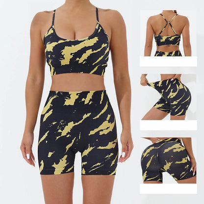 Mythstone 2Pcs Camo Print Backless Criss-Cross Strap Top Bra Shorts Leggings Pants Fitness Yoga Outfit Set