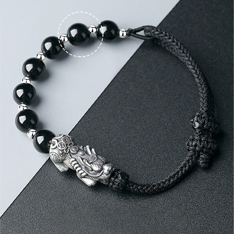 Mythstone 999 Sterling Silver FengShui PiXiu Natural Black Obsidian 925 Sterling Silver Bead Strength Bracelet