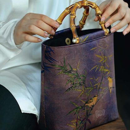 Mythstone Purple Magpie Birds Branches Bamboo Handles Handbag