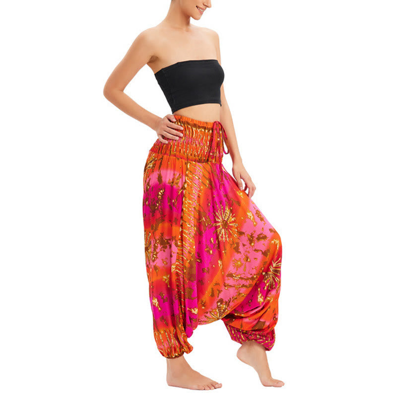 Mythstone Two Style Wear Gradient Colorful Loose Smocked Harem Trousers Jumpsuit High Waist Pants