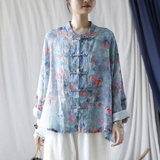 Mythstone Pink Flowers Green Leaves Print Frog-button Design Long Sleeve Ramie Linen Jacket Shirt