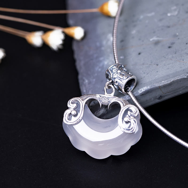 Mythstone 925 Sterling Silver Natural Chalcedony Lock of Good Wishes Koi Fish Luck Necklace Pendant