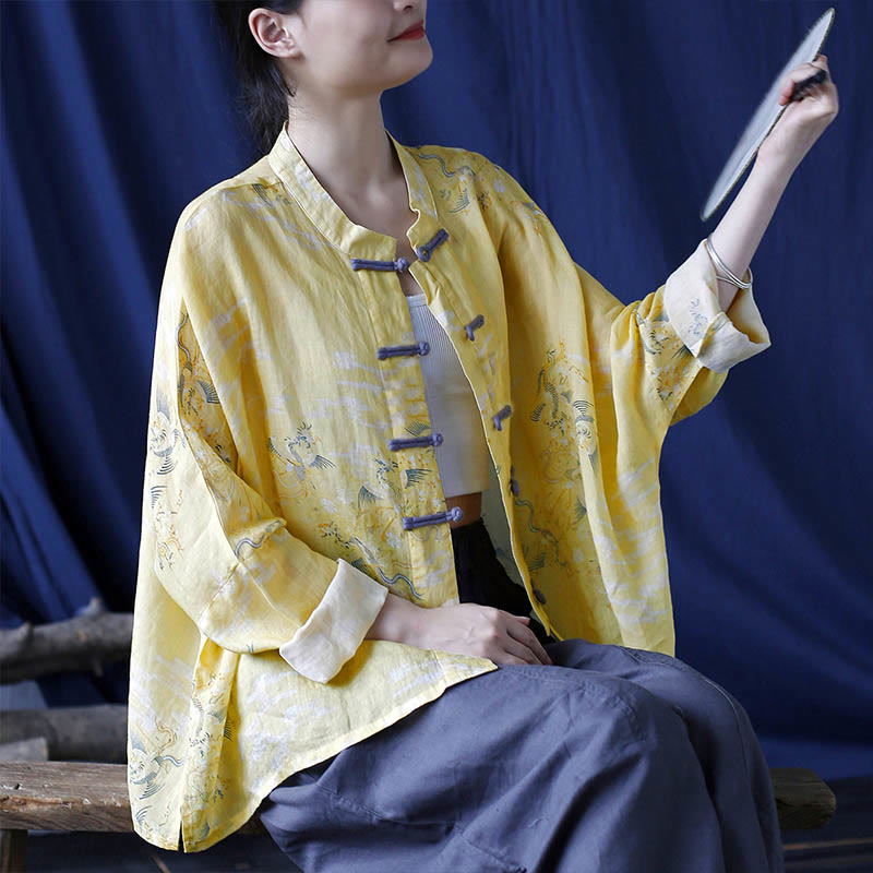 Mythstone Yellow Phoenix Print Frog-button Design Long Sleeve Ramie Linen Jacket Shirt