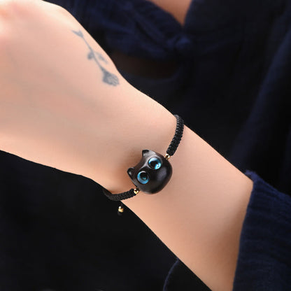 Mythstone Small Leaf Red Sandalwood Ebony Wood Cute Cat Head Calm Protection Braided Bracelet