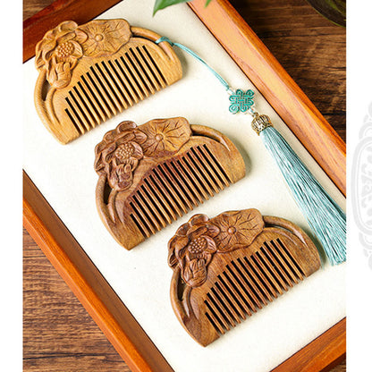 Mythstone Natural Green Sandalwood Lotus Flower Leaf Engraved Soothing Comb