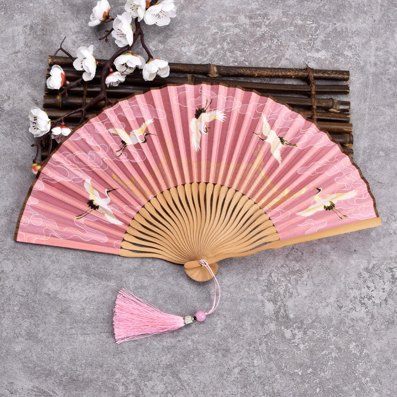 Mythstone Vintage Cloud Crane Pattern Handheld Bamboo Folding Fan