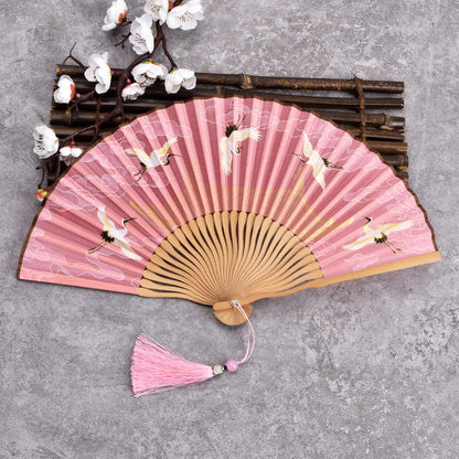 Mythstone Vintage Cloud Crane Pattern Handheld Bamboo Folding Fan