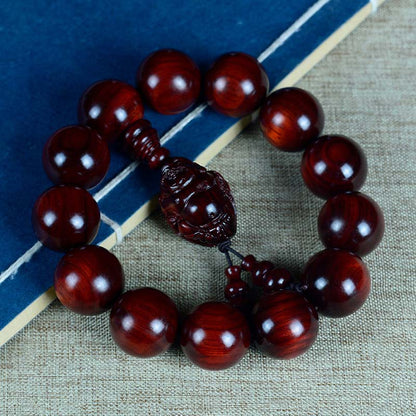 Mythstone Small Leaf Red Sandalwood Laughing Buddha God of Wealth Protection Bracelet