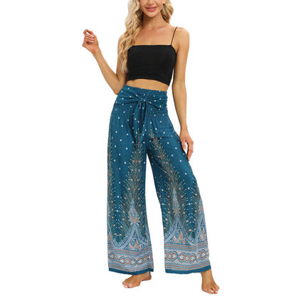 Mythstone Boho Peacock Feathers Lace-up Wide Leg Pants Women's Yoga Pants