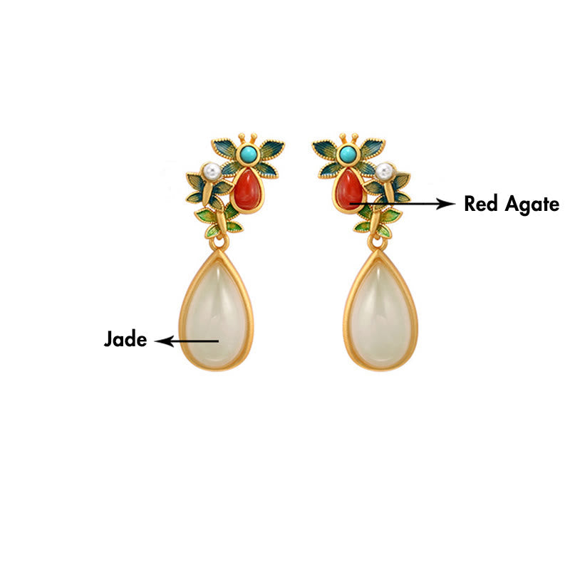 Mythstone Water Drop White Jade Red Agate Butterfly Protection Drop Dangle Earrings