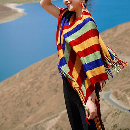 Mythstone Tibetan Colorful Striped Design Shawl Tassels Pullover Winter Cozy Travel Scarf Wrap