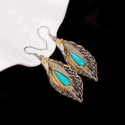 Mythstone 925 Sterling Silver Turquoise Bodhi Leaf Pattern Protection Drop Dangle Earrings