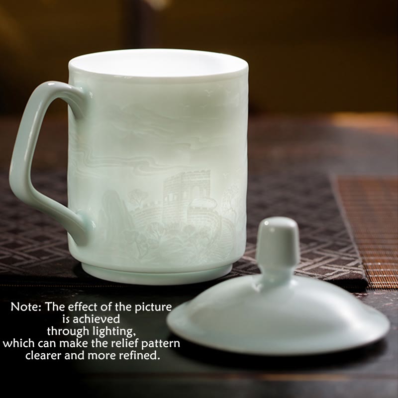 Mythstone Jingdezhen White Porcelain Handmade Great Wall Landscape Engraved Ceramic Teacup Office Mug Tea Cups