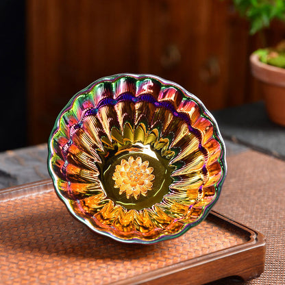 Mythstone Lotus Peacock Gold Inlaid Multicolored Chinese Jianzhan Ceramic Teacup Kung Fu Tea Cup