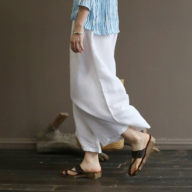 Mythstone Red Blue Peony Midi Dress Half Sleeve Cotton Linen Dress Wide Leg Pants With Pockets