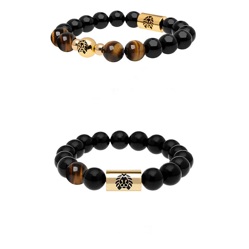 Mythstone Black Onyx Tiger Eye Bead Lion Engraved Protection Bracelet