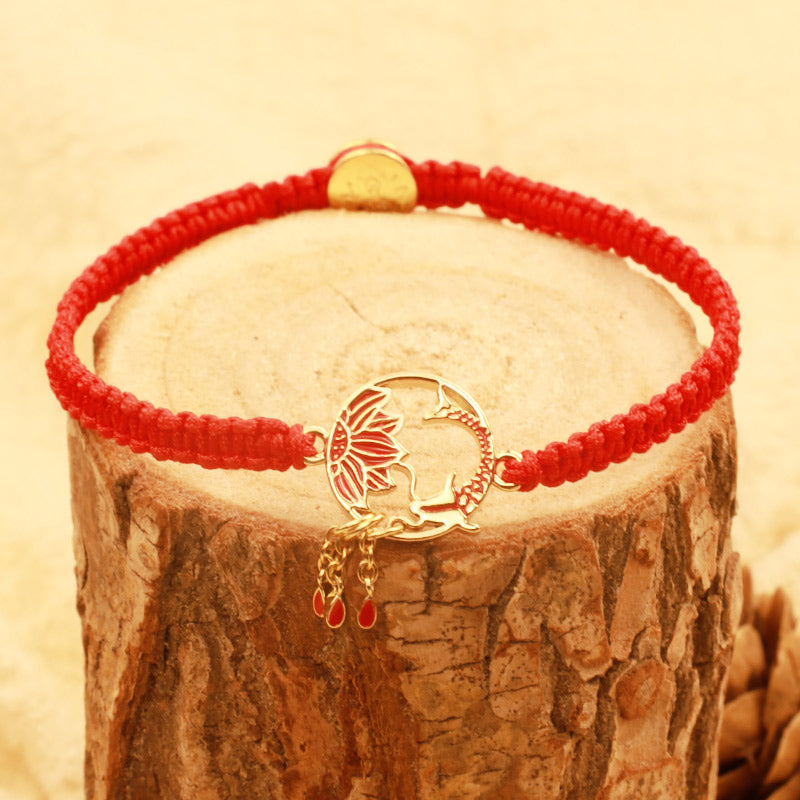 Mythstone Tibetan Handmade Lotus Koi Fish Lucky Red String Bracelet