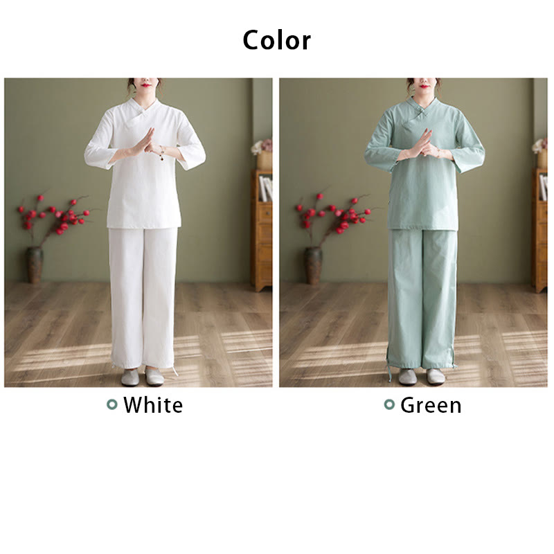 Mythstone 2Pcs Long Sleeve V-Neck Shirt Top Pants Meditation Zen Tai Chi Cotton Linen Clothing Women's Set