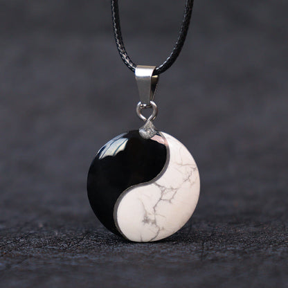 Mythstone Natural Black Obsidian White Turquoise Yin Yang Transformation Rope Necklace Pendant