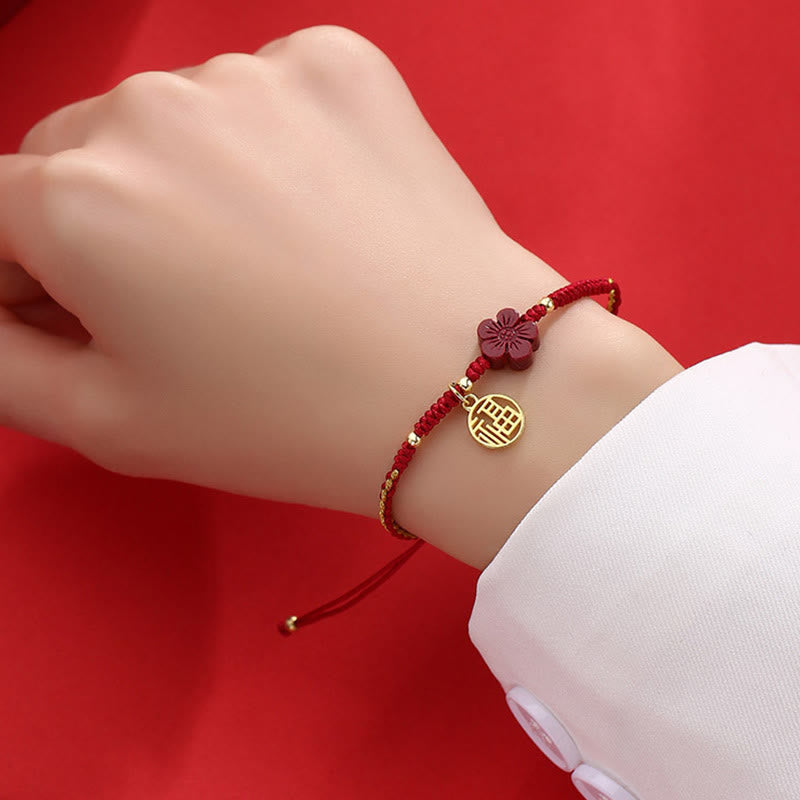 Mythstone Cinnabar Flower Fu Character Blessing Braided String Bracelet