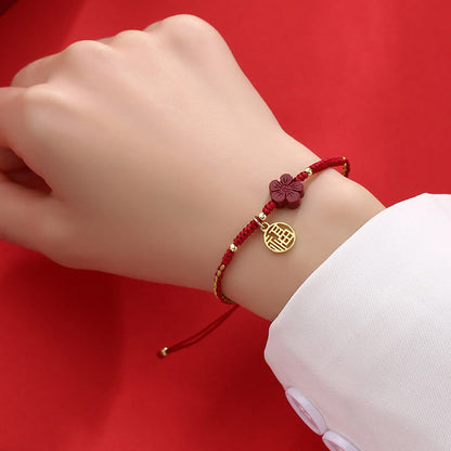 Mythstone Cinnabar Flower Fu Character Blessing Braided String Bracelet