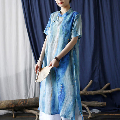 Mythstone Ramie Blue Digital Printing Cheongsam Dresses Short Sleeve Linen Dress