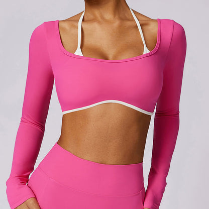 Mythstone Solid Color Halter Neck Bra Long Sleeve Crop Tank Top Pants Sports Fitness Gym Yoga Outfits