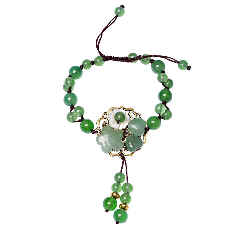 Pulsera de jade verde natural con flor colgante y suerte de Mythstone