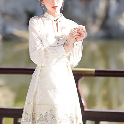 Mythstone Beige A Panorama of Rivers and Mountains Printed Chinese Hanfu Horse Face Skirt Mamianqun