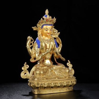 Mythstone Chenrezig Four-armed Avalokitesvara Protection Copper Gold Plated Statue Decoration