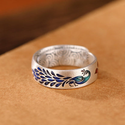 Mythstone 999 Sterling Silver Peacock Auspicious Clouds Engraved Lotus Flower Fortune Ring