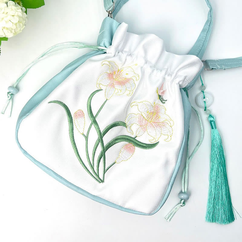 Mythstone Embroidered Flowers Wisteria Lily Cotton Linen Tote Crossbody Bag Shoulder Bag Handbag