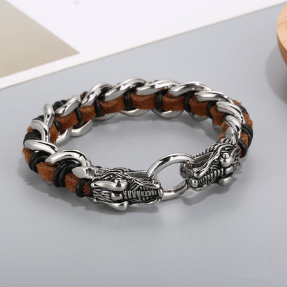 Mythstone Dragon Leather Titanium Steel Protection Luck Braided Bracelet