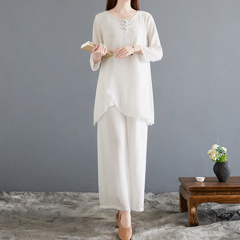 Mythstone 2Pcs Frog-Button Long Sleeve Shirt Wide Leg Pants Meditation Cotton Linen Clothing