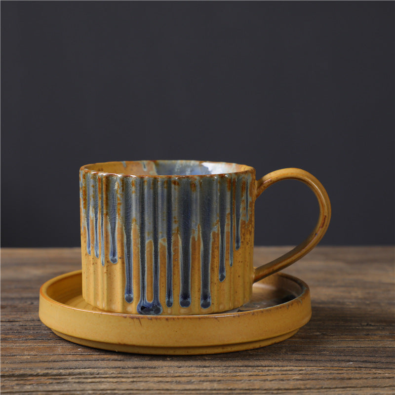 Mythstone Retro Striped Kiln Change Ceramic Coffee Mug Rough Pottery Tea Coffee Cup With Saucer 250ml