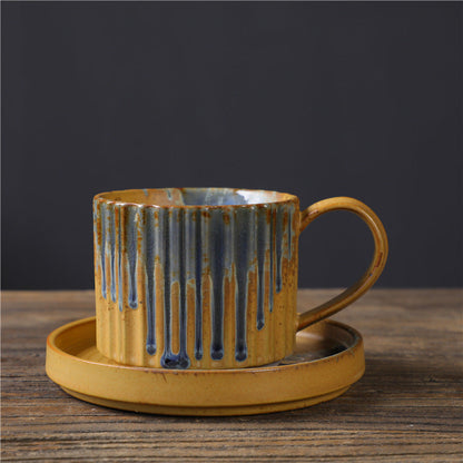 Mythstone Retro Striped Kiln Change Ceramic Coffee Mug Rough Pottery Tea Coffee Cup With Saucer 250ml