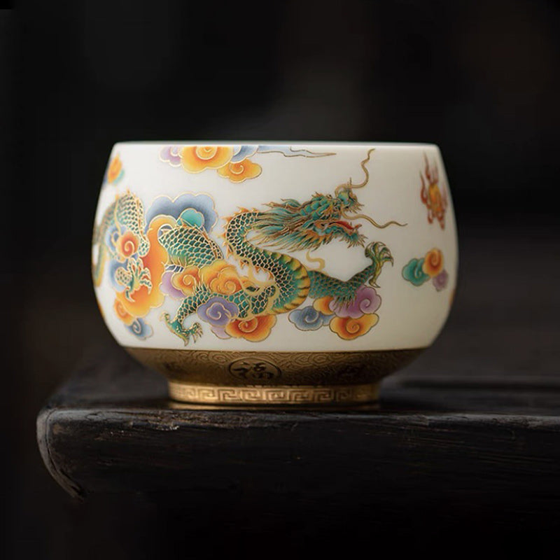 Mythstone Dragon Phoenix Auspicious Clouds Ceramic Teacup Kung Fu Tea Cup