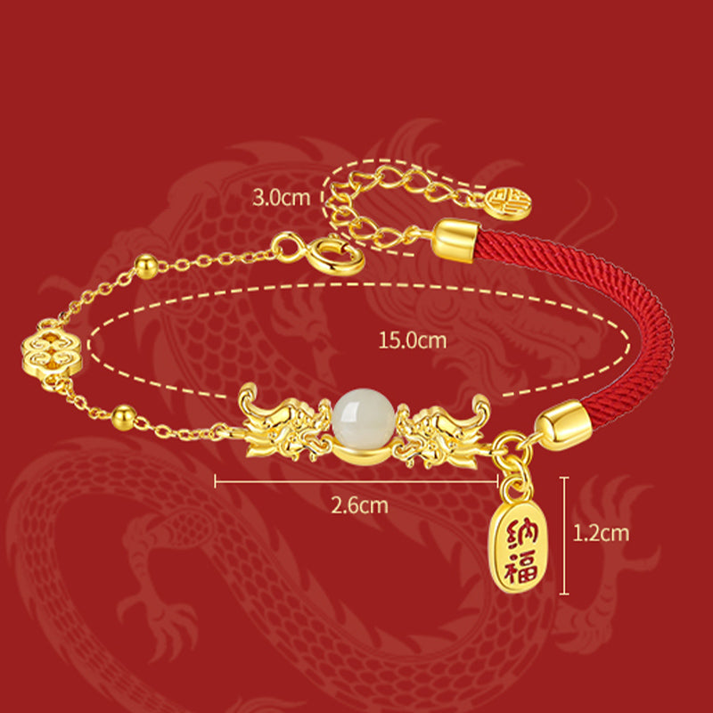 Mythstone Year of the Dragon 925 Sterling Silver Hetian Jade Attract Fortune Fu Character Luck Bracelet