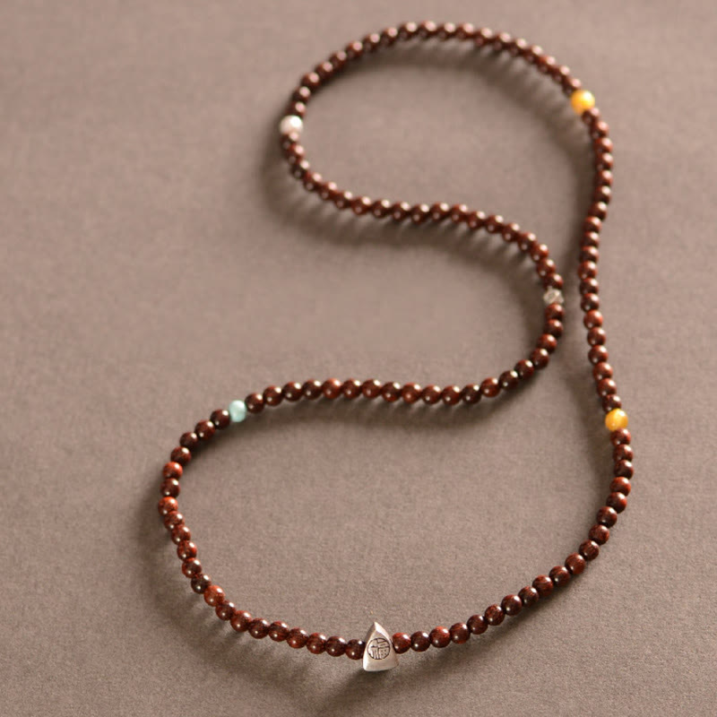 Mythstone 925 Sterling Silver Indian Small Leaf Red Sandalwood Fu Character Protection Triple Wrap Bracelet