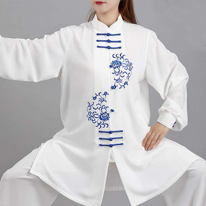 Mythstone Flower Embroidery Meditation Prayer Spiritual Zen Tai Chi Qigong Practice Unisex Clothing Set