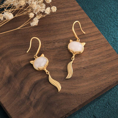 Mythstone FengShui White Jade Fox Fortune Earrings