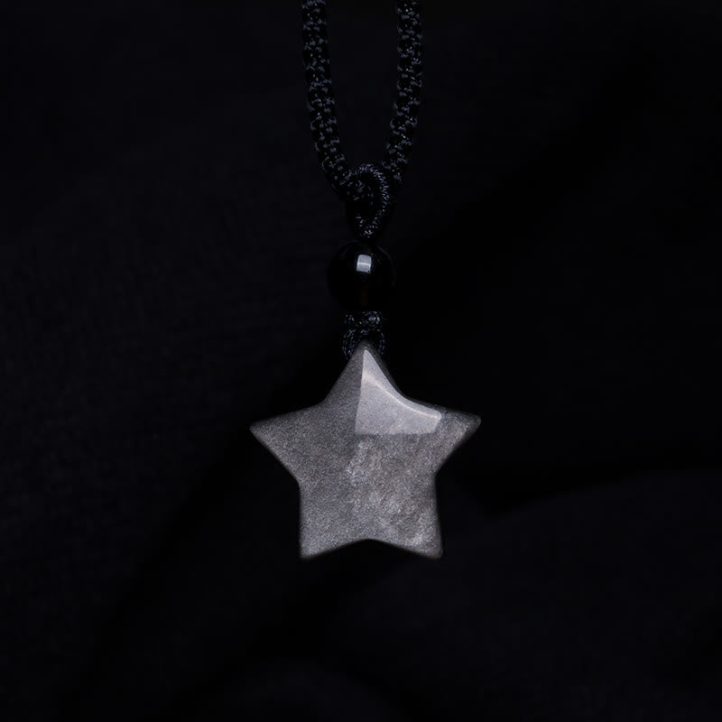 Collar con colgante de protección de luna creciente y estrella de obsidiana con brillo plateado natural Mythstone