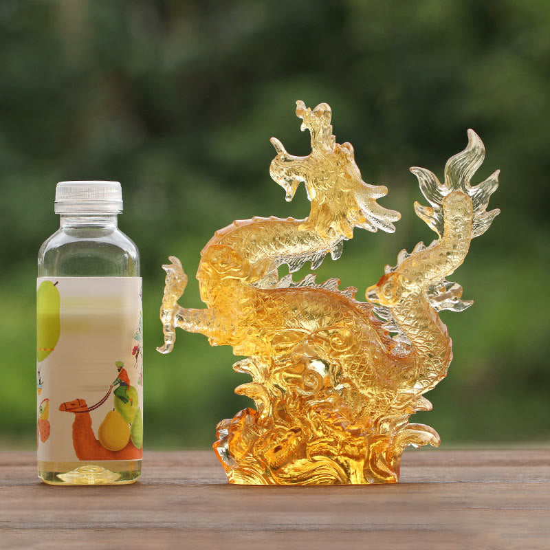 Mythstone Handmade Chinese Zodiac Yellow Dragon Liuli Crystal Art Piece Luck Protection Home Office Decoration