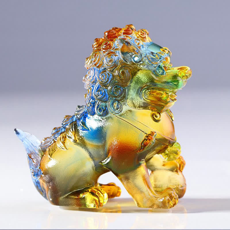 Mythstone Handmade Liuli Crystal Lion Art Piece Strength Home Office Decoration