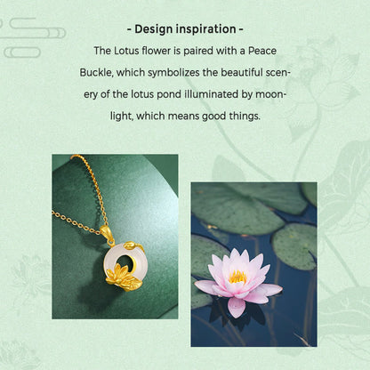 Mythstone Natural White Chalcedony Peace Buckle Lotus Pendant S925 Sterling Silver Necklace