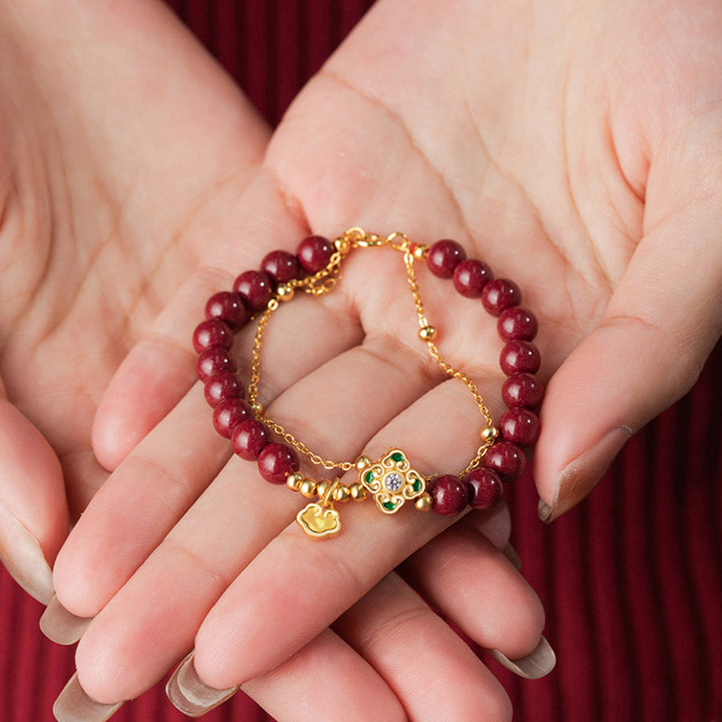 Mythstone 925 Sterling Silver Natural Cinnabar Four Leaf Clover Flower Blessing Chain Bracelet