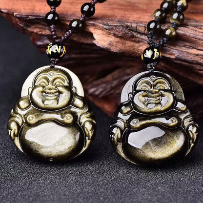 Mythstone Laughing Buddha Gold Sheen Obsidian Wealth Necklace Pendant