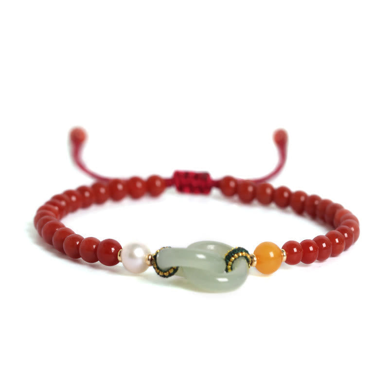 Mythstone Natural Red Agate Hetian Jade Double Peace Buckle Confidence Bracelet