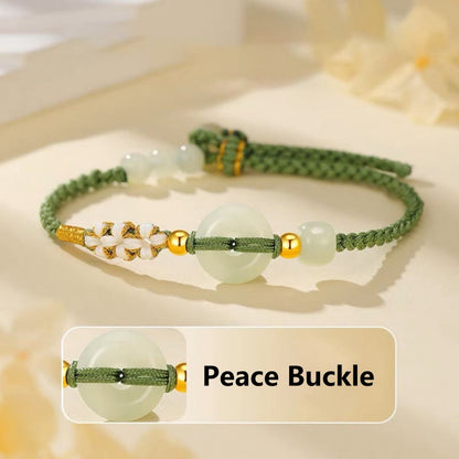 Mythstone Hetian Jade Peace Buckle Luck Peach Blossom Braided Bracelet