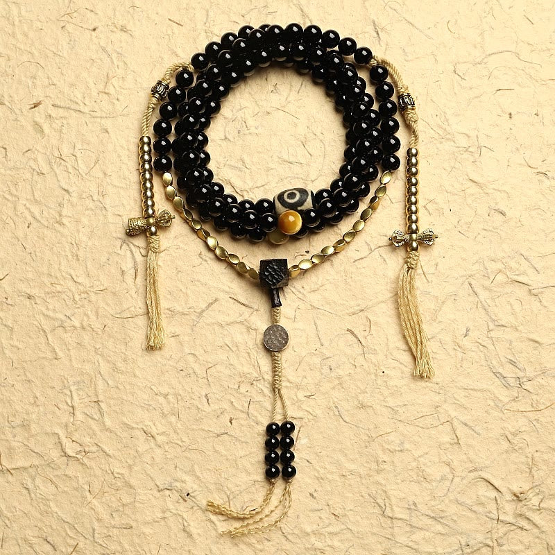 Mythstone Tibetan 108 Mala Beads Black Onyx Three-eyed Dzi Beads Protection Bracelet